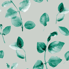 Watercolor seamless pattern of twigs with leaves.