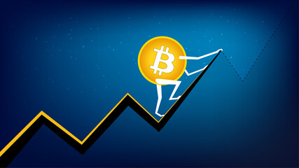 Bitcoin BTC is climbing to the next peak. Cryptocurrency has all time high. BTC coin to the moon. - obrazy, fototapety, plakaty