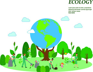 Ecology concept. People take care about planet ecology. Protect nature and ecology banner. Earth day Globe with trees plants and volunteer. Vector illustration.