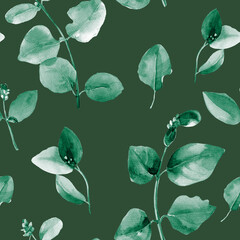 Watercolor seamless pattern of twigs with leaves.