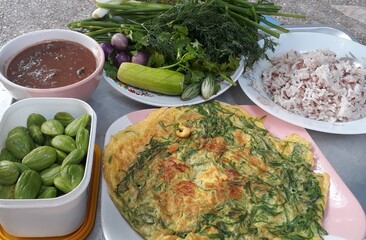Rice and Thai food with vegetables
