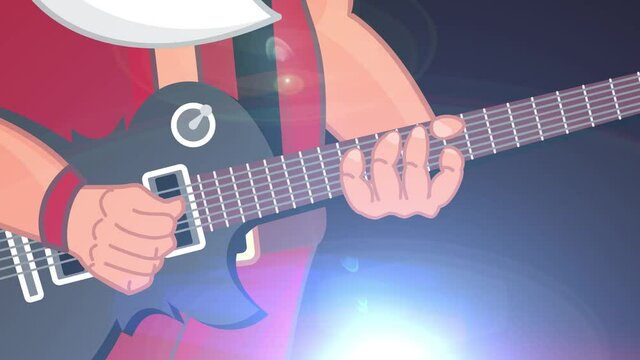 Bad Santa Claus rock star plays on guitar on a stage. 2d animation.