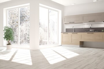 White stylish minimalist kitchen. Scandinavian interior design. 3D illustration