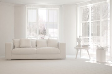 White minimalist living room with sofa. Scandinavian interior design. 3D illustration