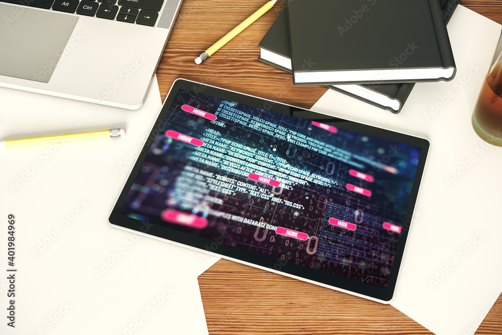 Poster modern digital tablet monitor with abstract programming language, research and development concept. 