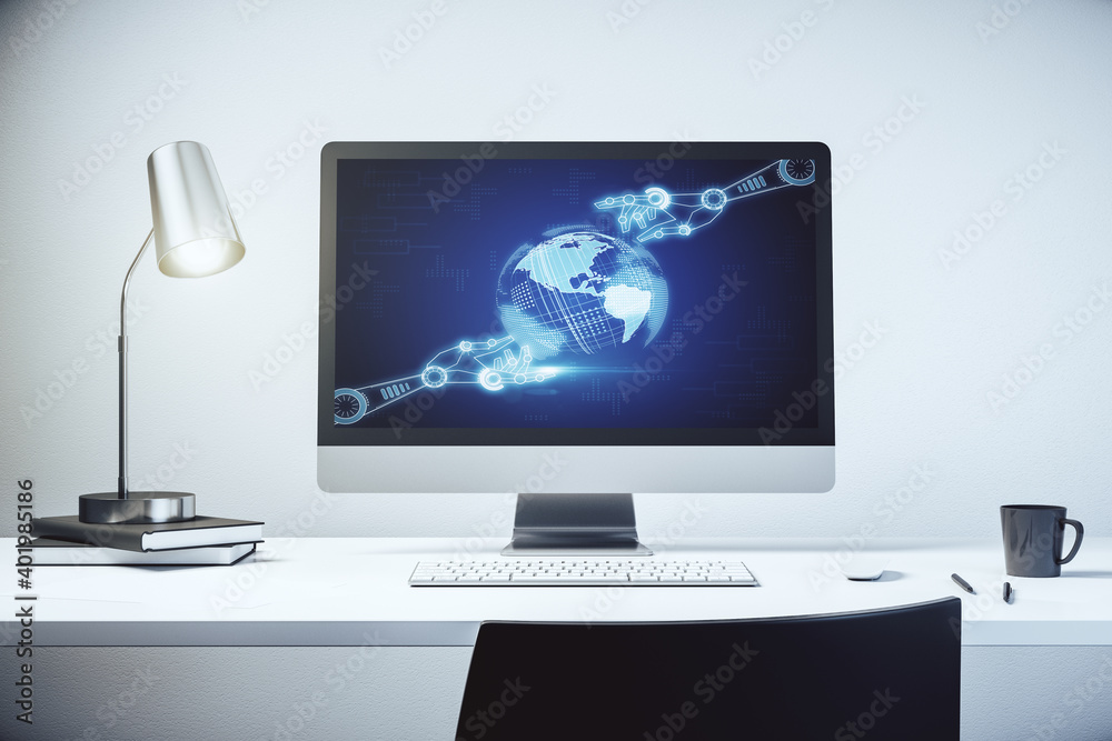 Leinwandbilder modern computer monitor with robotics technology with world map hologram. research and development s