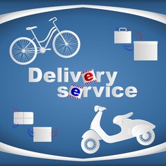 Banner with bike, scooter and boxes and text delivery service. Vector illustration.