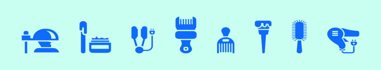 set of barber tools cartoon icon design template with various models. vector illustration isolated on blue background