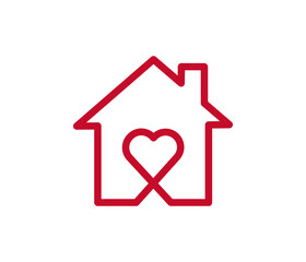 Home love heart logo - Business corporate logo. Handmade lettering print. Vector illustration with heart, roof and chimney. Simple icon of house inside heart shape. House line art shape.
