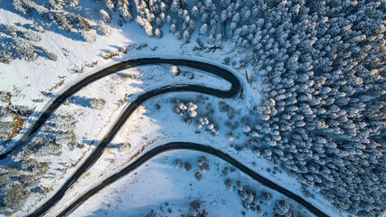 Snow covered trees and road line, aerial drone photo.artvin/turkey