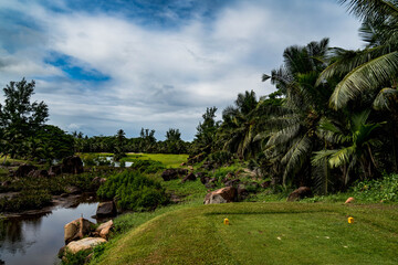Lemuria Golf course tee and hole nr. 6 Resort Praslin Seychelles 