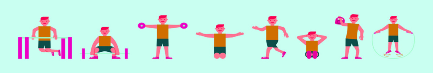 set of sportsman training cartoon icon design template with various models. vector illustration isolated on blue background