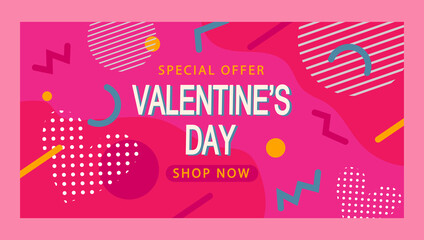 Banner for Valentines Day colored pink in Memphis style. Stock vector illustration design.