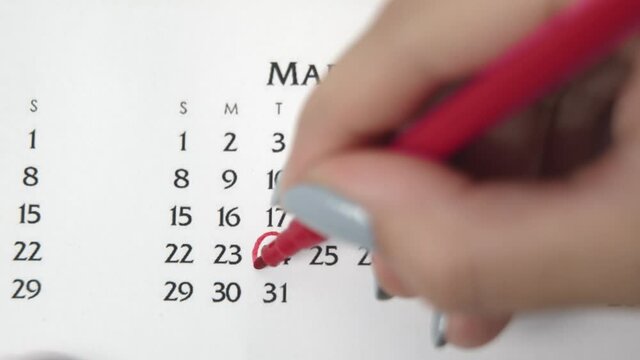 Female hand circle day in calendar date with a red marker. Business Basics Wall Calendar Planner and Organizer. MARCH 24th