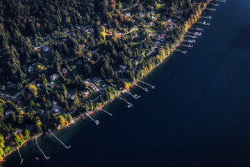Aerial view on the luxury homes in Deep Cove by the Ocean Inlet. Taken in Vancouver, British Columbia, Canada. Dramatic Dark Artistic Render.