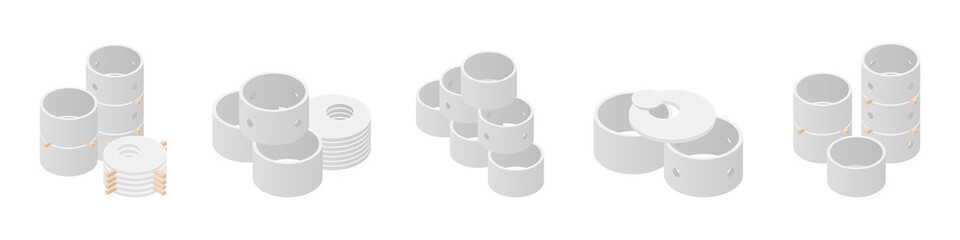 Concrete sewerage and septic tanks well element set, isolated on a white background. Stacks of different types concrete ring isometric icon. Building materials. Vector illustration. 3D flat style.