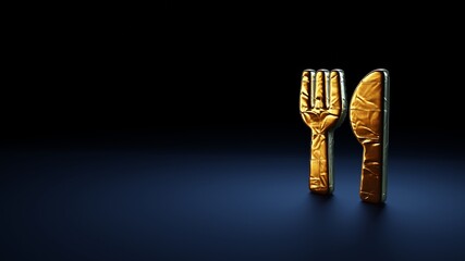 3d rendering symbol of utensils wrapped in gold foil on dark blue background
