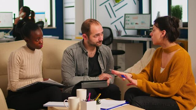 Diverse business people shaking hands, consultant greeting international clients with handshake and planning partnership deal with executive meeting shareholders in start up corporate office