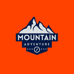 Fototapeta na wymiar Creative design of outdoor gear badge logo vector illustration with mountain's peak decorated with compass icon and stars isolated on orange background