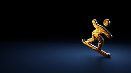 3d rendering symbol of snowboarding wrapped in gold foil on dark blue background