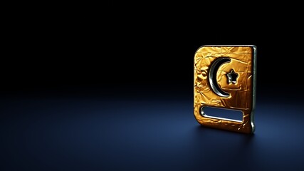3d rendering symbol of Quran wrapped in gold foil on dark blue background
