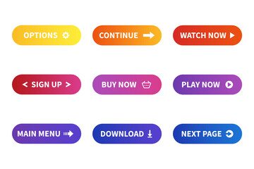 Set of colored buttons for website. Different gradient colors and icons. Vector