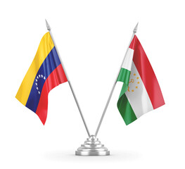 Tajikistan and Venezuela table flags isolated on white 3D rendering