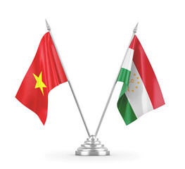 Tajikistan and Vietnam table flags isolated on white 3D rendering