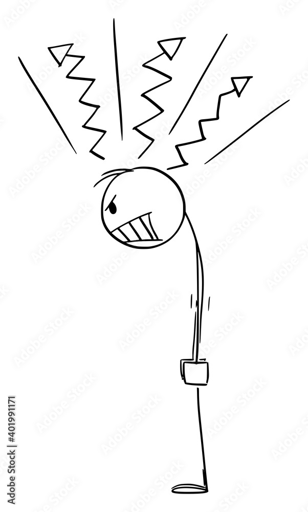 Poster Vector cartoon stick figure illustration of angry raging man or businessman looking at something.