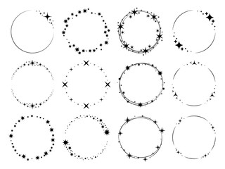 Stardust sparks frames. Silhouette stars circular patterns, magic holiday party decor, round glitter effect particles with copy space, wedding or christmas templates vector isolated set