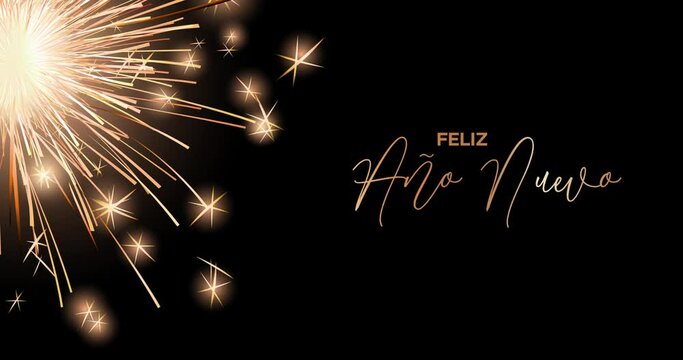 Happy New Year celebration card with bengal light for mailing, web invitation, greeting cards… animation made in 4K vector design. Gold card frame and Spanish text : Feliz Año Nuevo