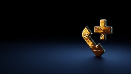3d rendering symbol of phone call  wrapped in gold foil on dark blue background