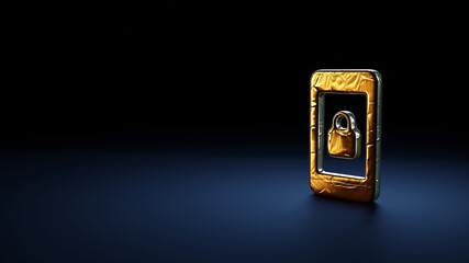 3d rendering symbol of phone  wrapped in gold foil on dark blue background