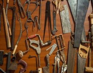 Old carpentry tools on an old workbench