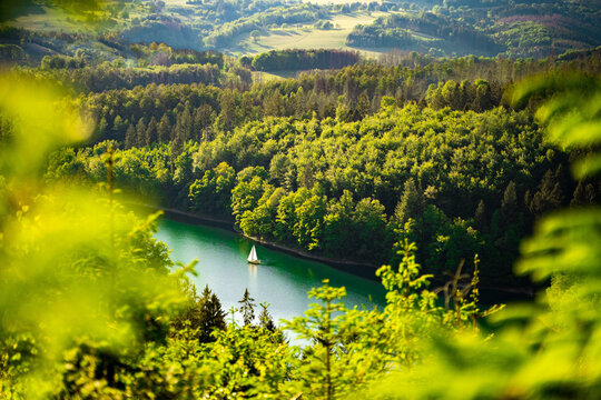 A boat on a lake in a natural environment in Gummersbach, Germany