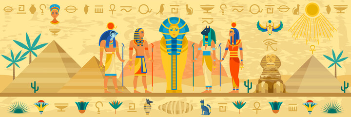 Ancient Egypt. Egyptian mythology storyline, hieroglyphic frame, religion architecture and idols statues with ornaments, Pharaoh sarcophagus , gods and pyramids vector horizontal poster