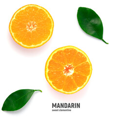 Tangerines or clementines with leaves isolated on white background. Top view.