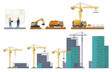 Building stages. House emergence, project discussion, pit digging, foundation pouring, frame construct, concrete panels. Machinery and crane, truck at construction site vector concept
