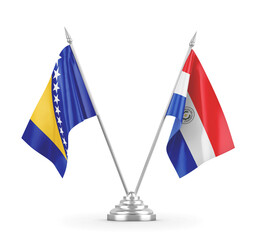 Paraguay and Bosnia and Herzegovina table flags isolated on white 3D rendering 