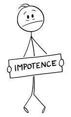 Vector cartoon stick figure illustration of frustrated stressed man holding impotence sign covering his genital or crotch.