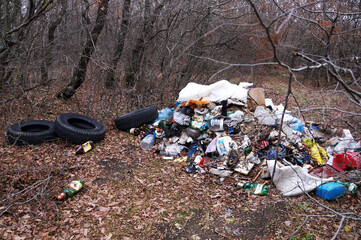 old tires and household rubbish in the forest