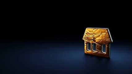 3d rendering symbol of house  wrapped in gold foil on dark blue background