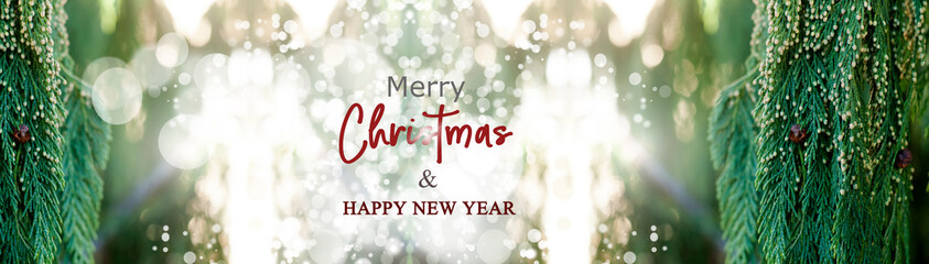 Merry christmas and a happy new year. Against the background of the Christmas tree. Christmas greeting card banner