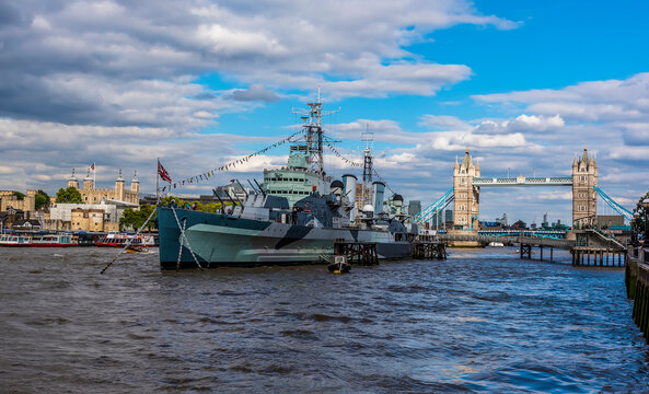 A view from London Bridge City Pier eastward down the River Thames, London, UK