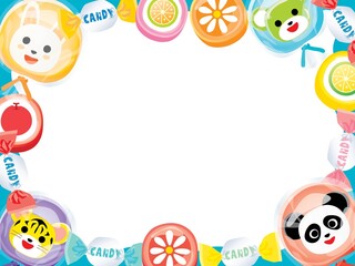 兎とパンダとトラと熊の動物キャンディーのフレームイラスト