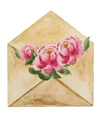 Beautiful watercolor drawing of a mail envelope. Closeup, no people, texture. Congratulations for loved ones, relatives, friends and colleagues