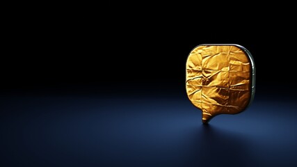 3d rendering symbol of  rounded chat bubble wrapped in gold foil on dark blue background