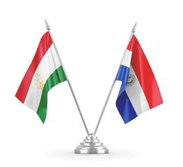 Paraguay and Tajikistan table flags isolated on white 3D rendering