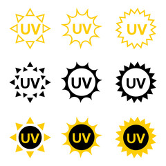 UV sterilization stamp. Sanitation device information sign. Badge set for ultraviolet sterilization. Ultraviolet germicidal irradiation. Surface cleaning, medical decontamination procedure