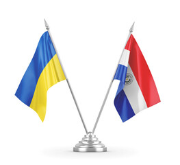 Paraguay and Ukraine table flags isolated on white 3D rendering